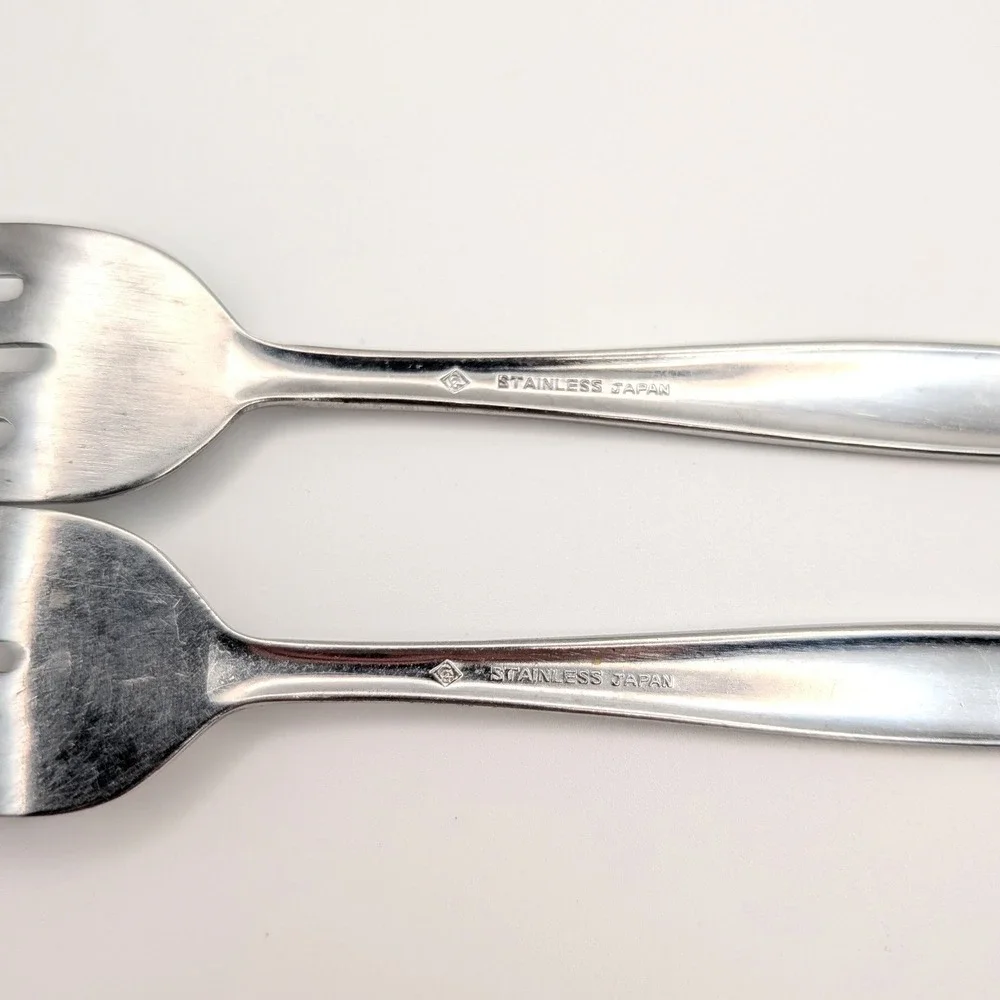 Vintage Japan Stainless Salad Forks Atomic Starburst Scroll MCM 6
